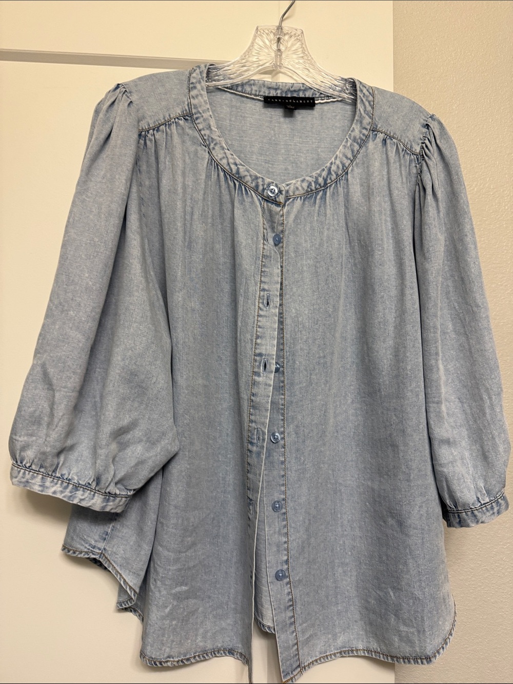 Washed Light Blue Chambray Puff Sleeve Button-Front Blouse